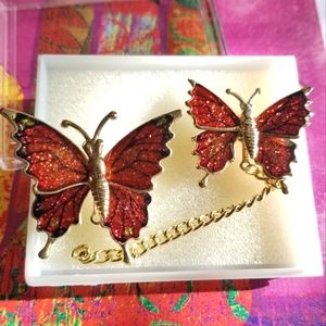 Vintage glitter butterfly brooch set New old stock Gold tone insect bug